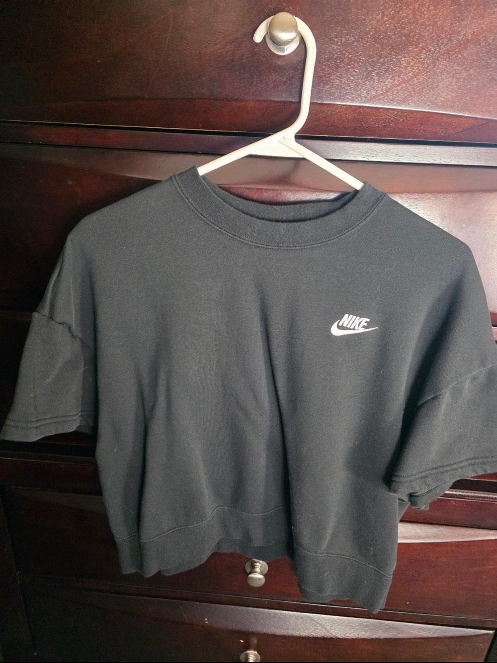 Nike Black Cropped Short-Sleeve Sweatshirt with White Logo